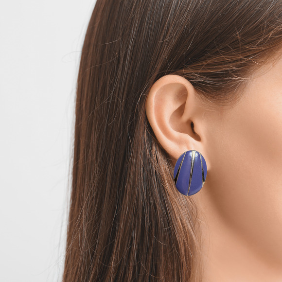 Purple Enamel and Gold Tone Vintage Earrings, Retro 80s Oval Clip On Statement - Picture 1 of 6